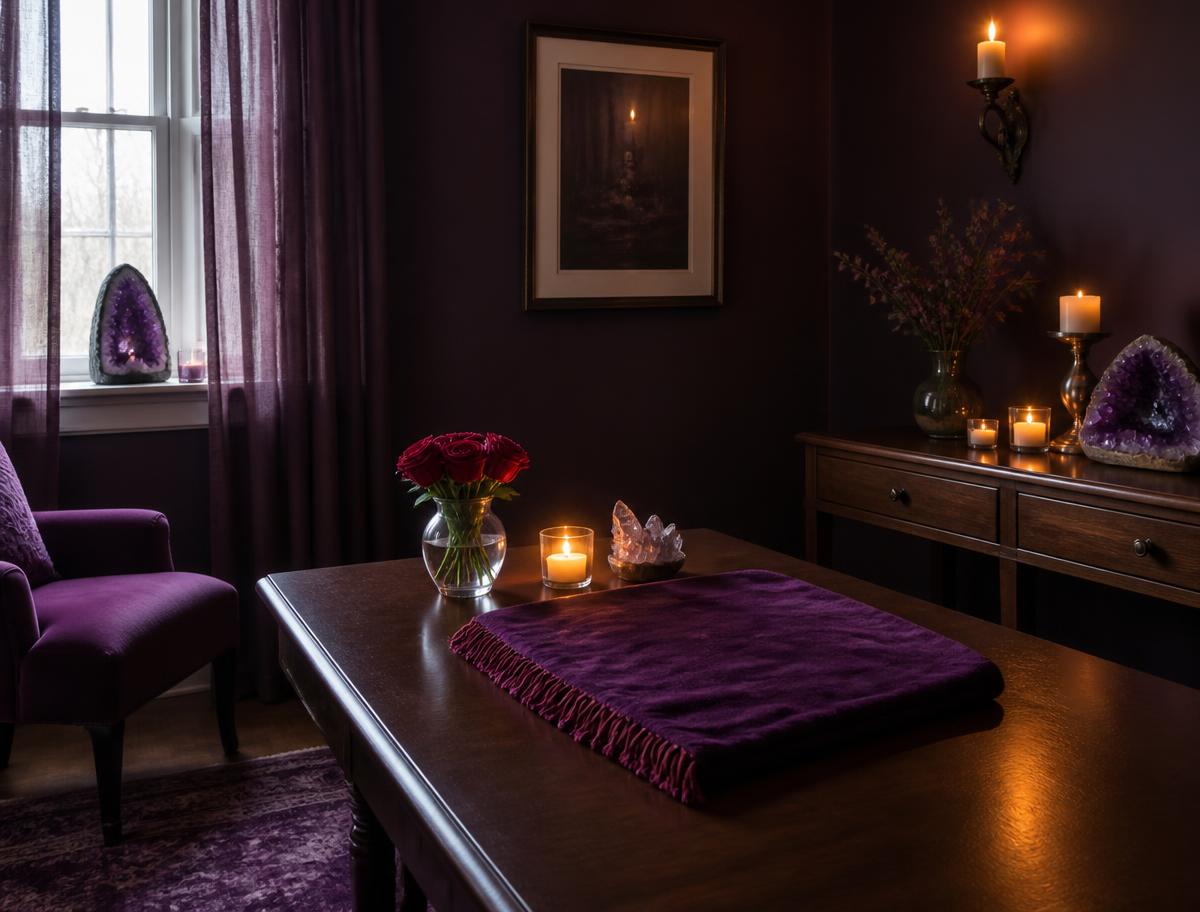 Consultorio espiritual con velas, rosas y cristales