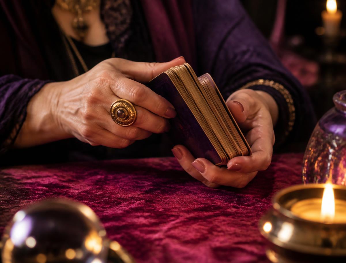 Manos barajando cartas de tarot sobre terciopelo